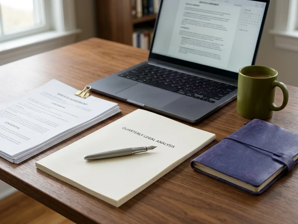 Bureau ordonné avec documents officiels et ordinateur, illustrant la transparence des mentions légales du site.