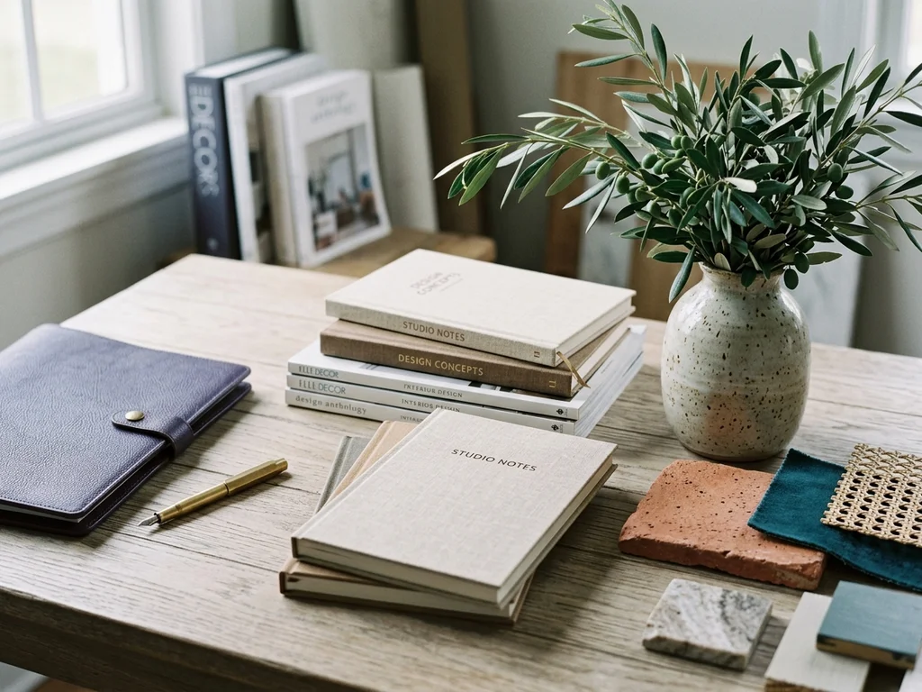 Bureau de rédaction avec carnets, échantillons textiles et plantes pour contacter l'équipe créative.