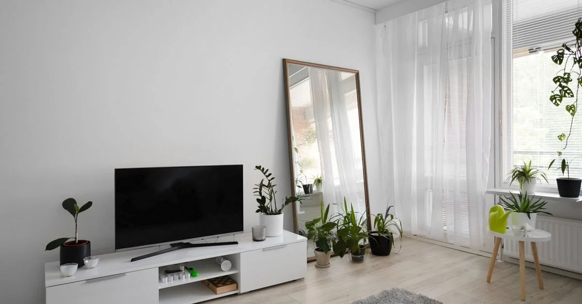 Salon lumineux et aéré avec un décor minimal, featuring des plantes et des tons neutres.