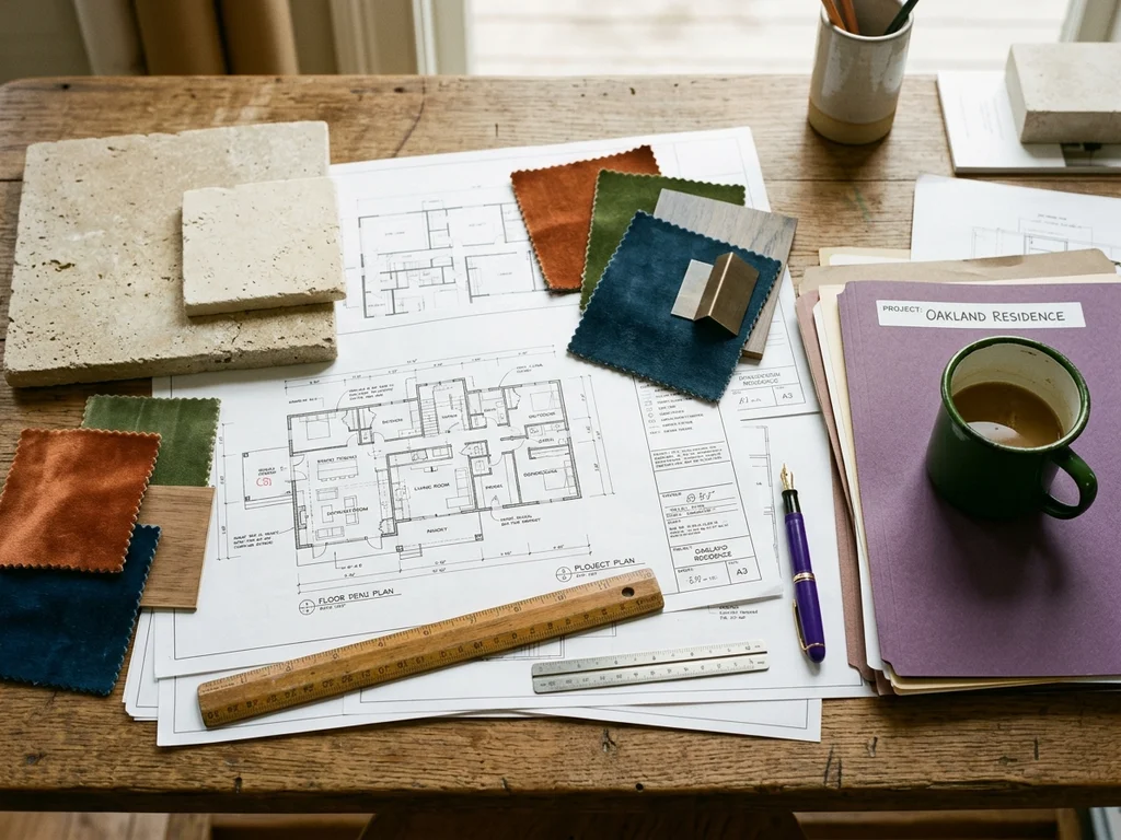 Plans et échantillons de matériaux illustrant le processus de conception de l'équipe de la Maison.